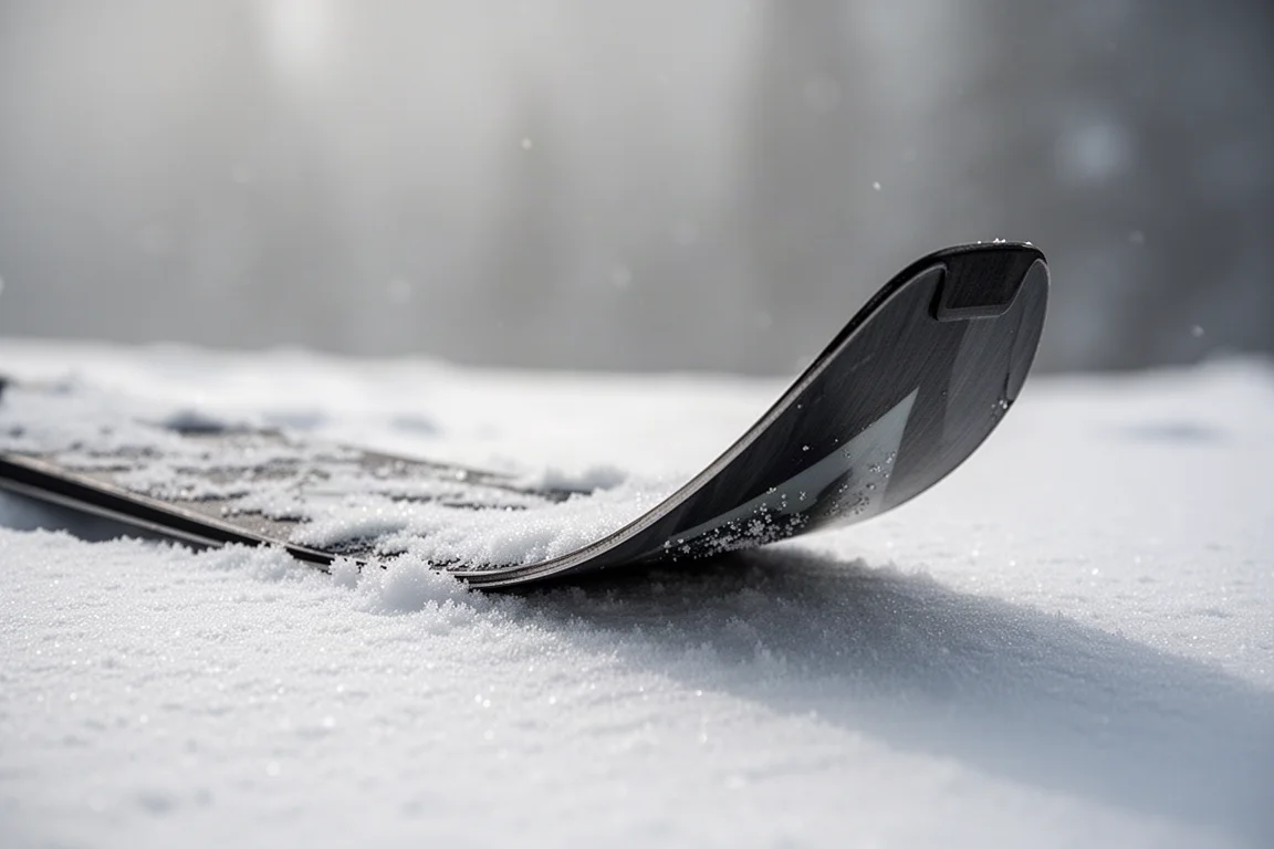 Primer plano de una cola de esquí apoyada en nieve fresca mostrando la curva del rocker y la forma afilada