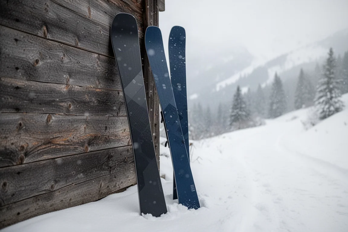 Two pairs of freeride skis leaning against a wooden wall in a snowy alpine setting