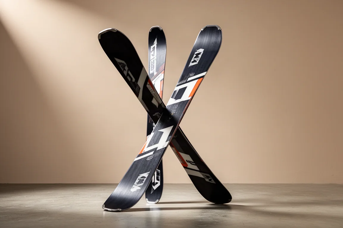 Wide freeride powder ski standing upright showing rockered tip and tapered shovel