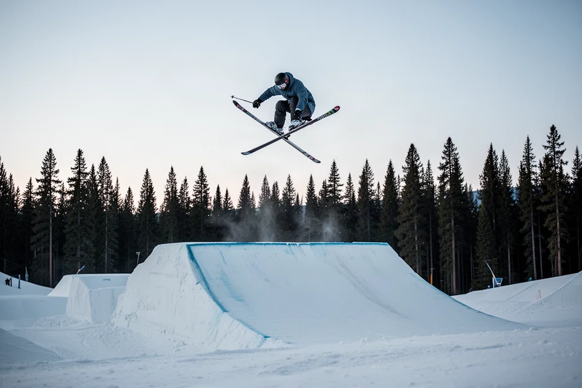 Freestyle skier mid-air above a snow jump in a terrain park at dusk
