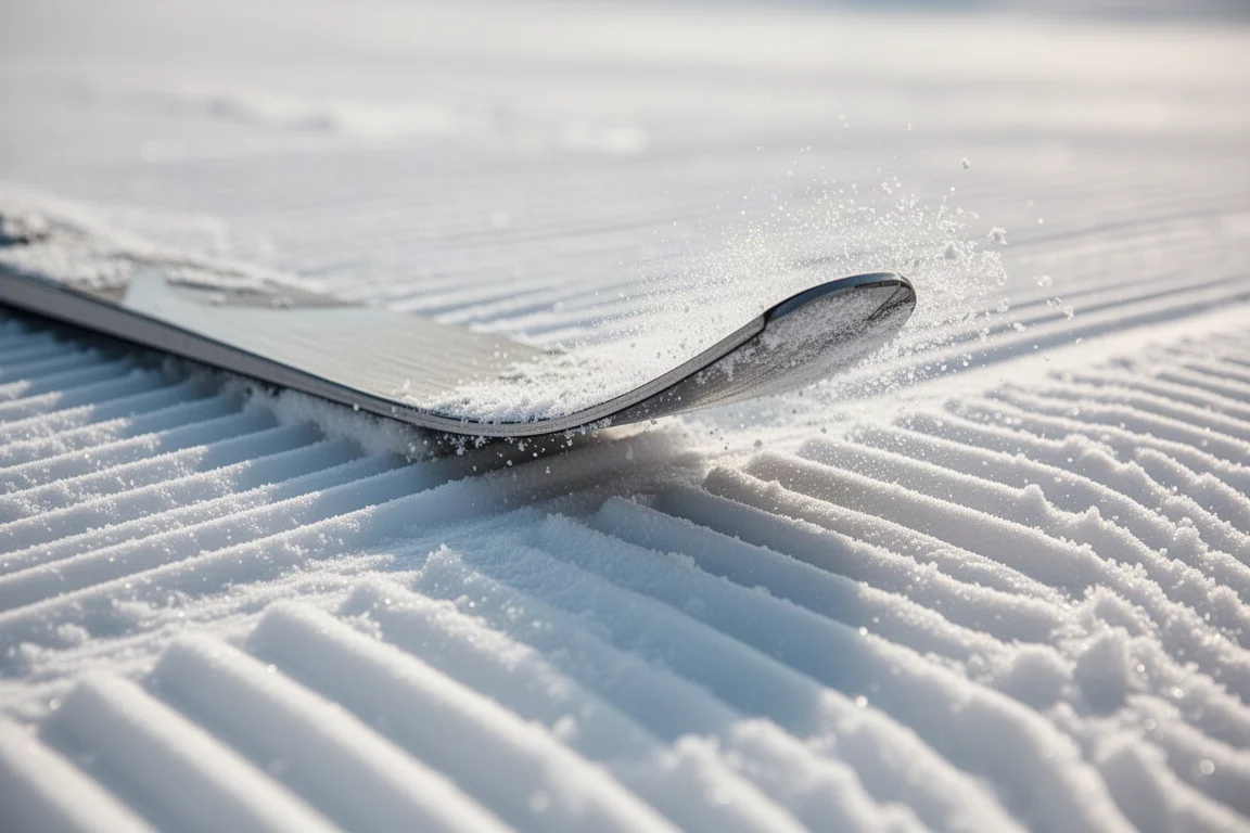 Close-up of a ski edge carving a sharp turn into groomed corduroy snow