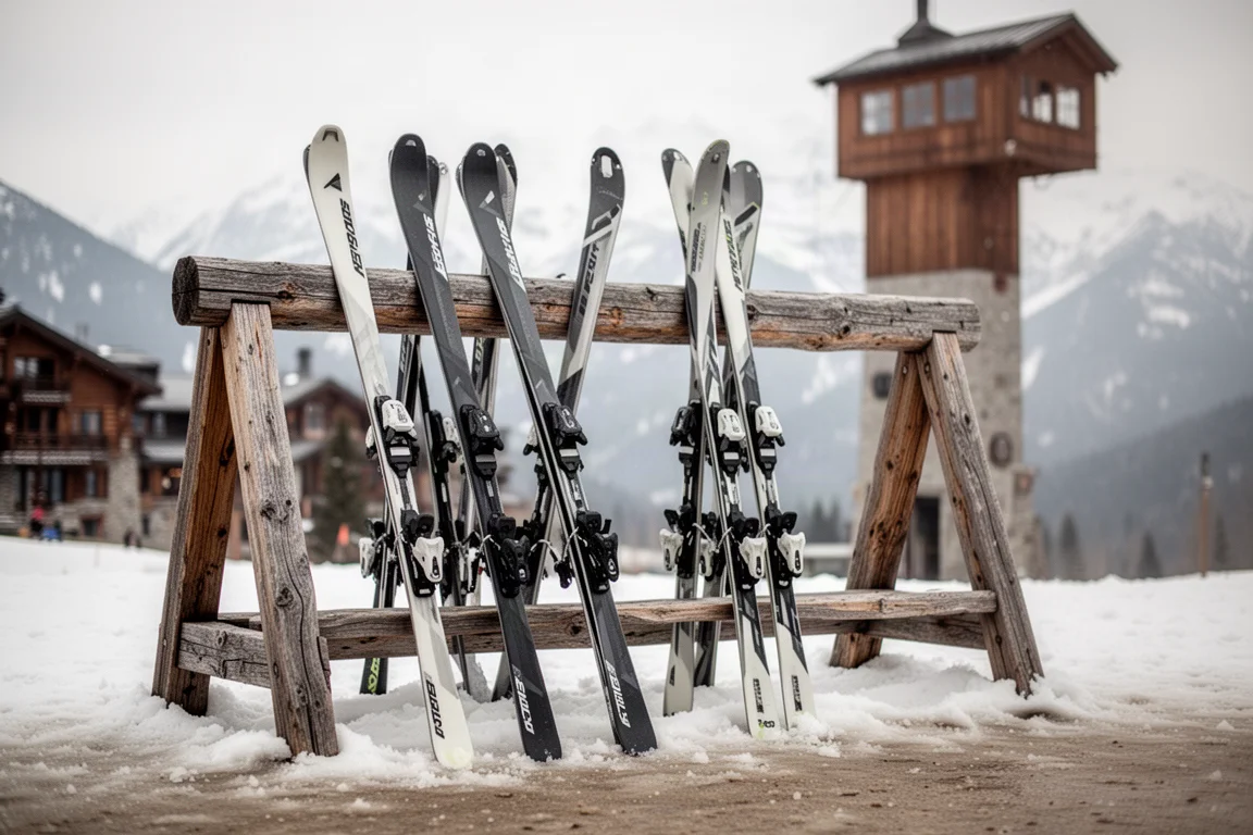 Twin tip skis leaning against a wooden rack at a mountain resort base