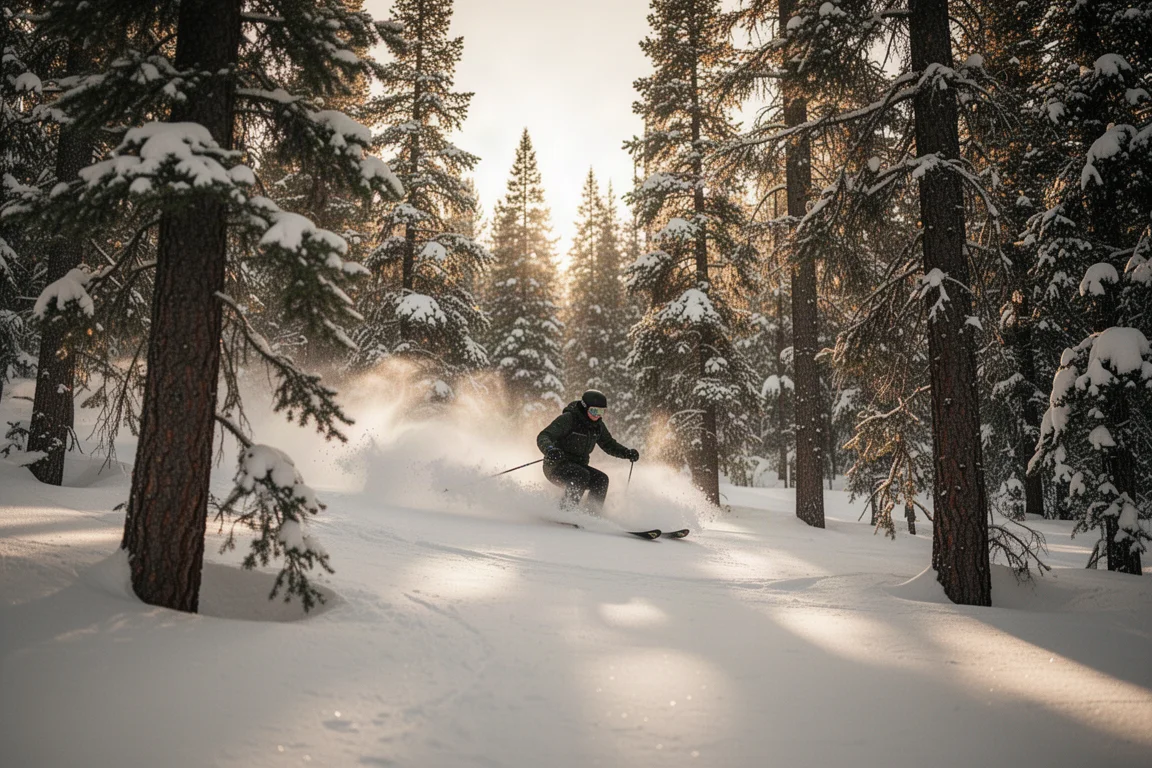 Skier weaving between snow covered trees in a gladed run