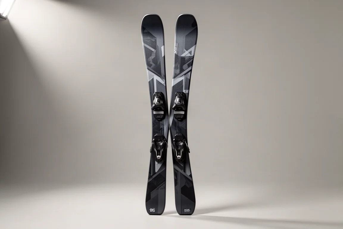 Freestyle twin tip skis standing crossed on a neutral grey studio backdrop