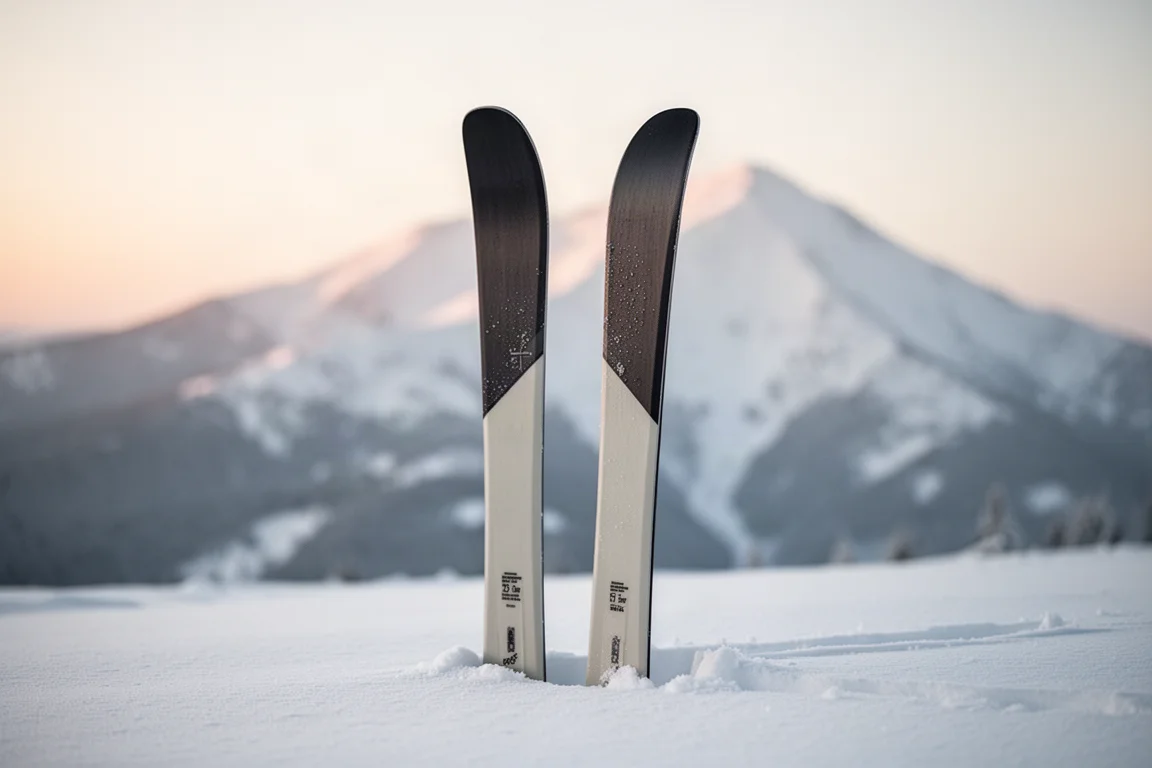 Light touring skis with a mid-90s waist standing upright in fresh snow at dawn