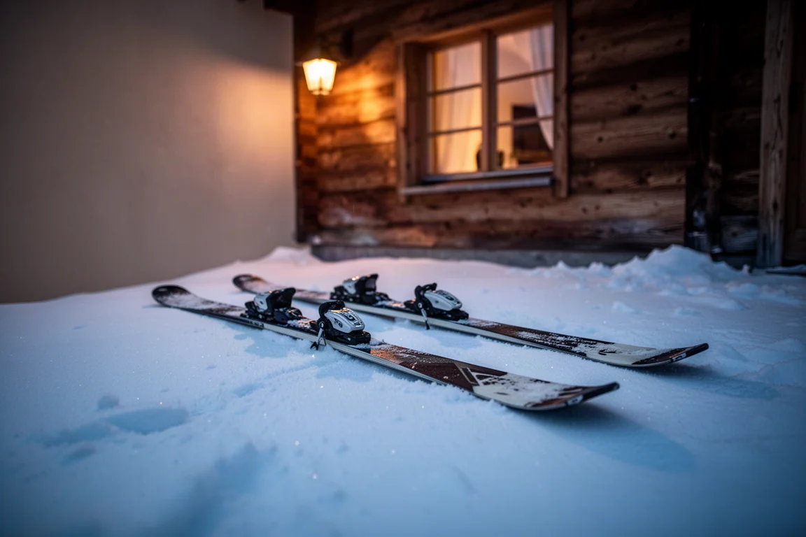 Par med breda skidor på packad snö utanför ett fjällhotell i skymningen