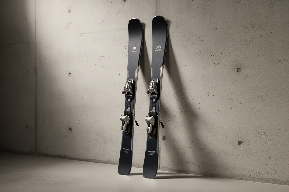 Pair of wide all-mountain alpine skis leaning against a concrete wall in soft light