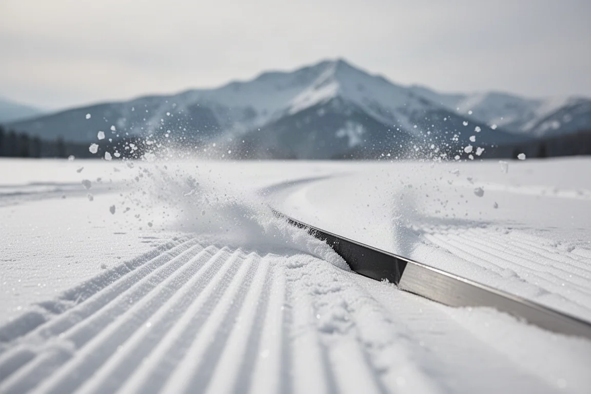 Canto de un esquí trazando un arco limpio en nieve preparada con montañas al fondo
