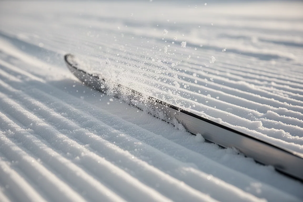 Närbild på en skidakant som biter sig i hård preparerad snö med iskristaller som lyfter