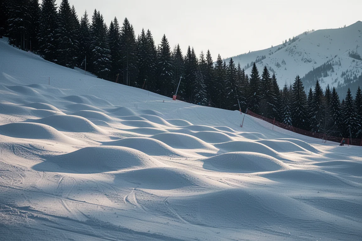 Brant pistorfält på en alpin sluttning i sen eftermiddagsljus med barrträd i bakgrunden