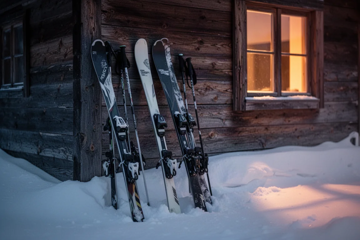 Flera par skidor lutade mot en trävägg på en stuga i skymning med snö under
