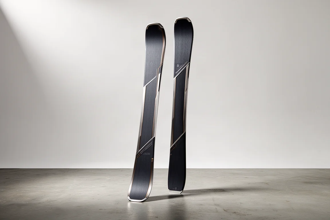 Pair of women's all-mountain skis standing upright on a concrete floor against a grey backdrop