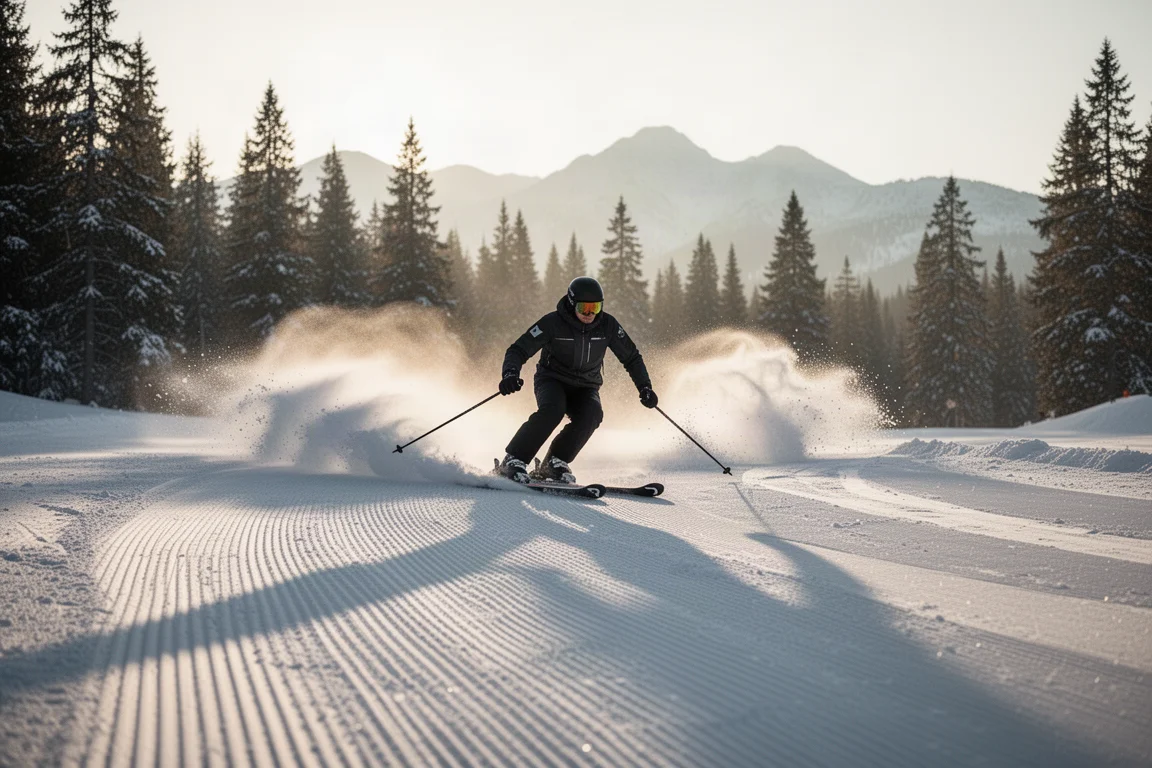 Skifahrer zieht einen langen Bogen über eine frisch präparierte Piste im Morgenlicht