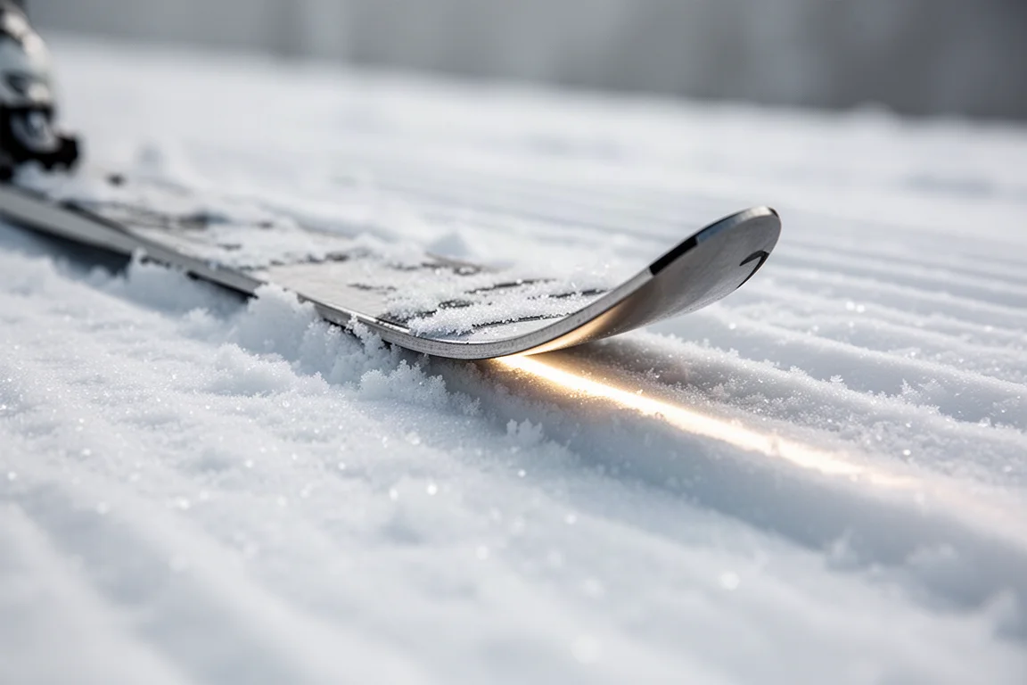 Nahaufnahme einer Skikante, die im Sonnenlicht in den Nadelstreifenschnee beißt