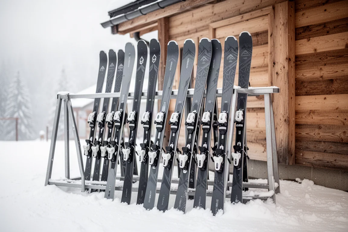 Reihe von Frontside-Carvern in einem Freien Skiständer im Skigebiet
