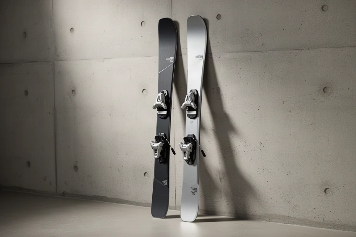 Pair of frontside carving skis with integrated bindings leaning against a concrete wall