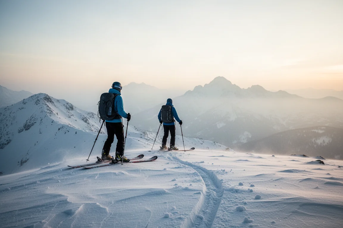 Ski tourer standing on a snow-covered ridge at first light with wide skis