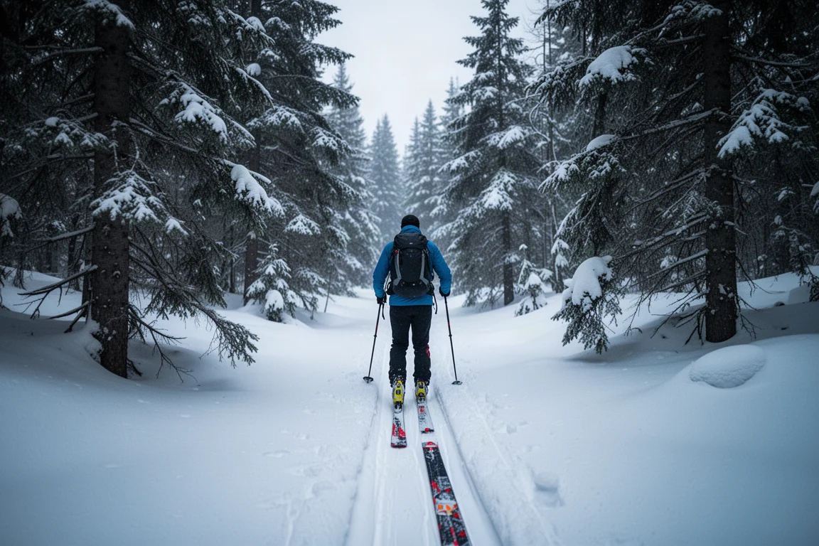 Ski tourer ascending a skin track through a snow-covered forest