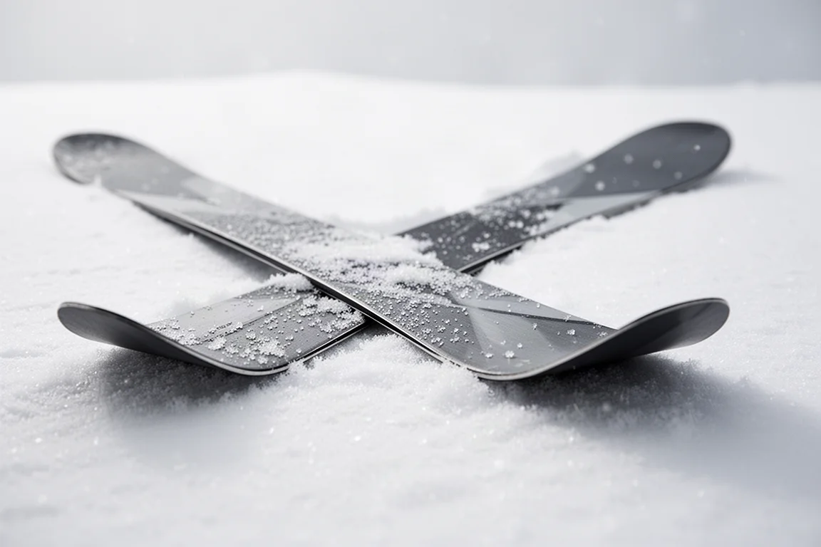 Close-up of a rockered ski tip and rounded tail resting in fresh snow