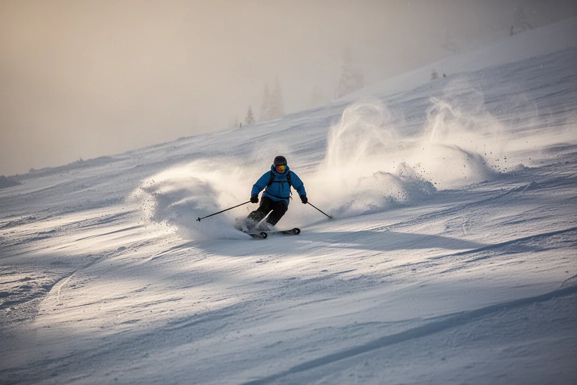 Skier making long turns in deep soft snow with snow spray