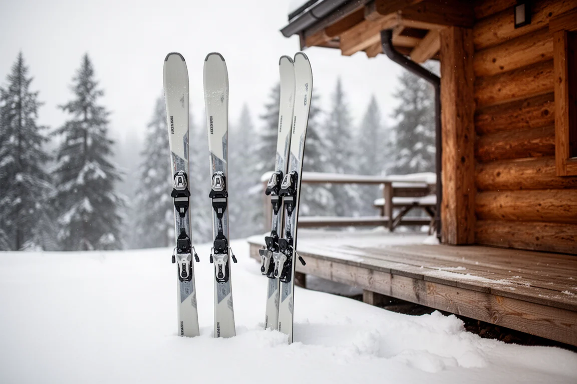 Paar Damen-All-Mountain-Skier aufrecht stehend auf dem verschneiten Deck einer Skihütte