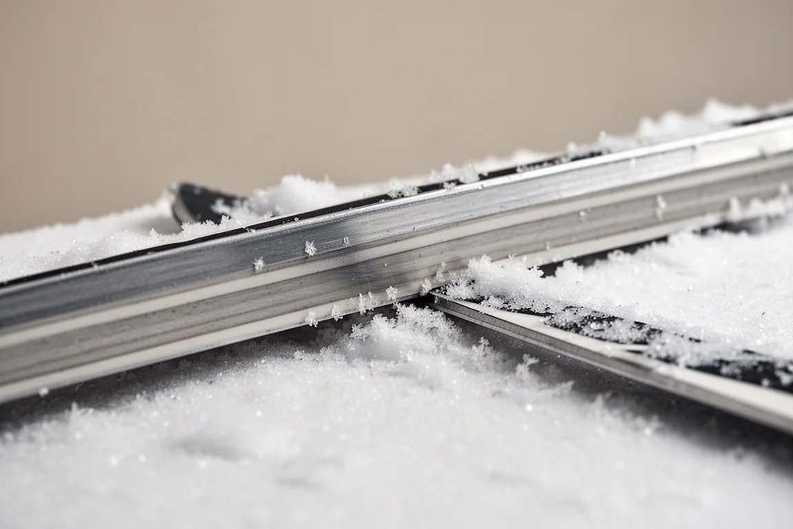Nahaufnahme einer Skisidewall und der Kante mit mehrlagigem Holzkern im Schnee