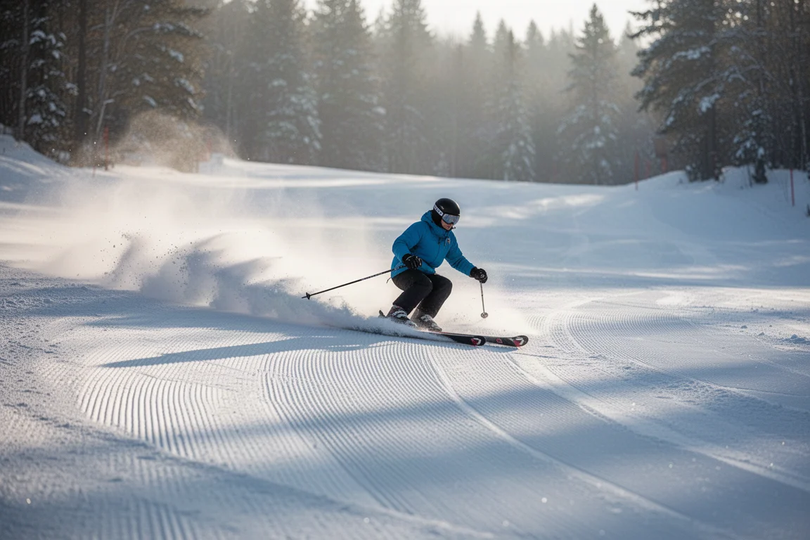 Skifahrerin zieht einen weiten Schwung auf einer frisch präparierten Morgenvormittagspiste