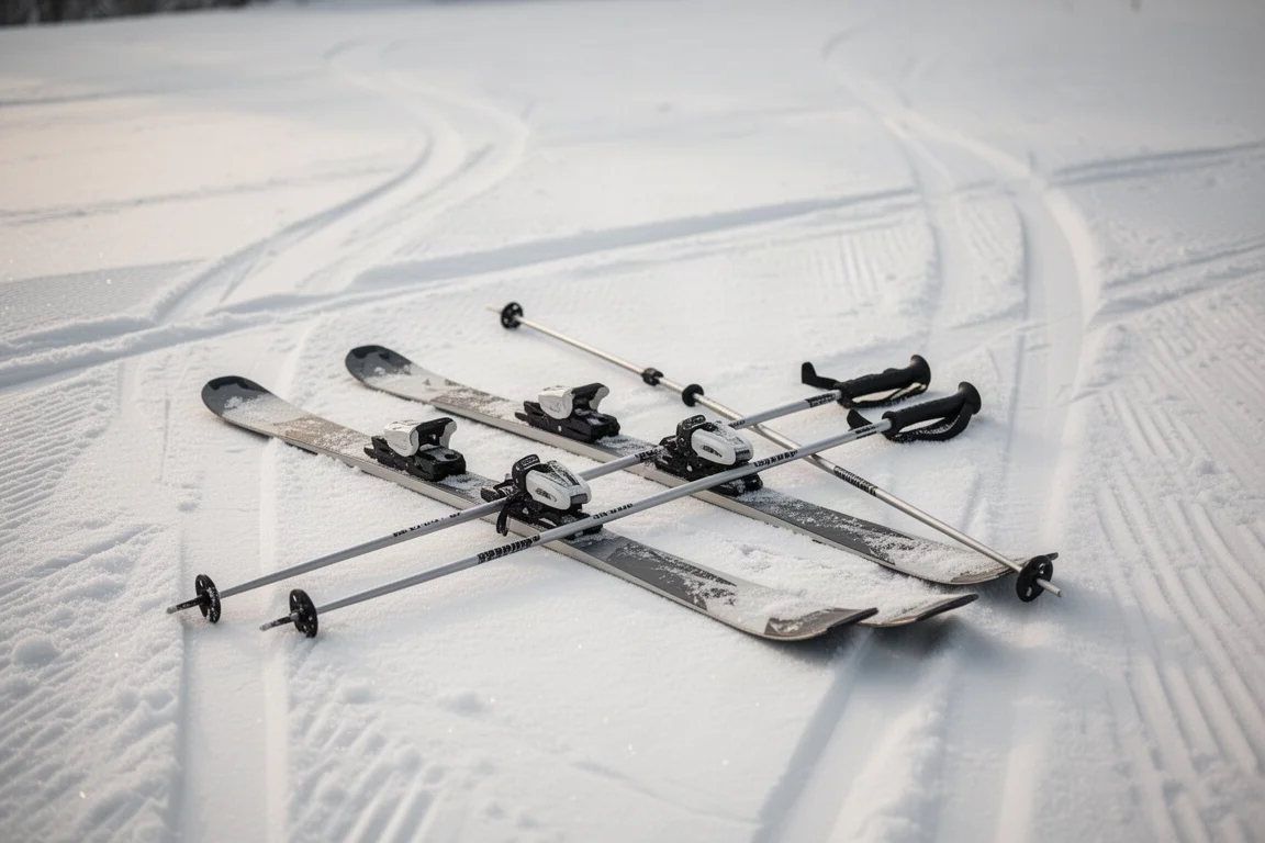 Skier und Stöcke flach auf festem Schnee neben einem Wegweiser eines Skigebiets