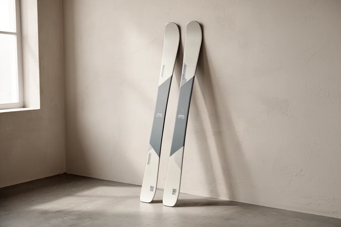 Pair of women's all-mountain skis leaning upright against a pale wall