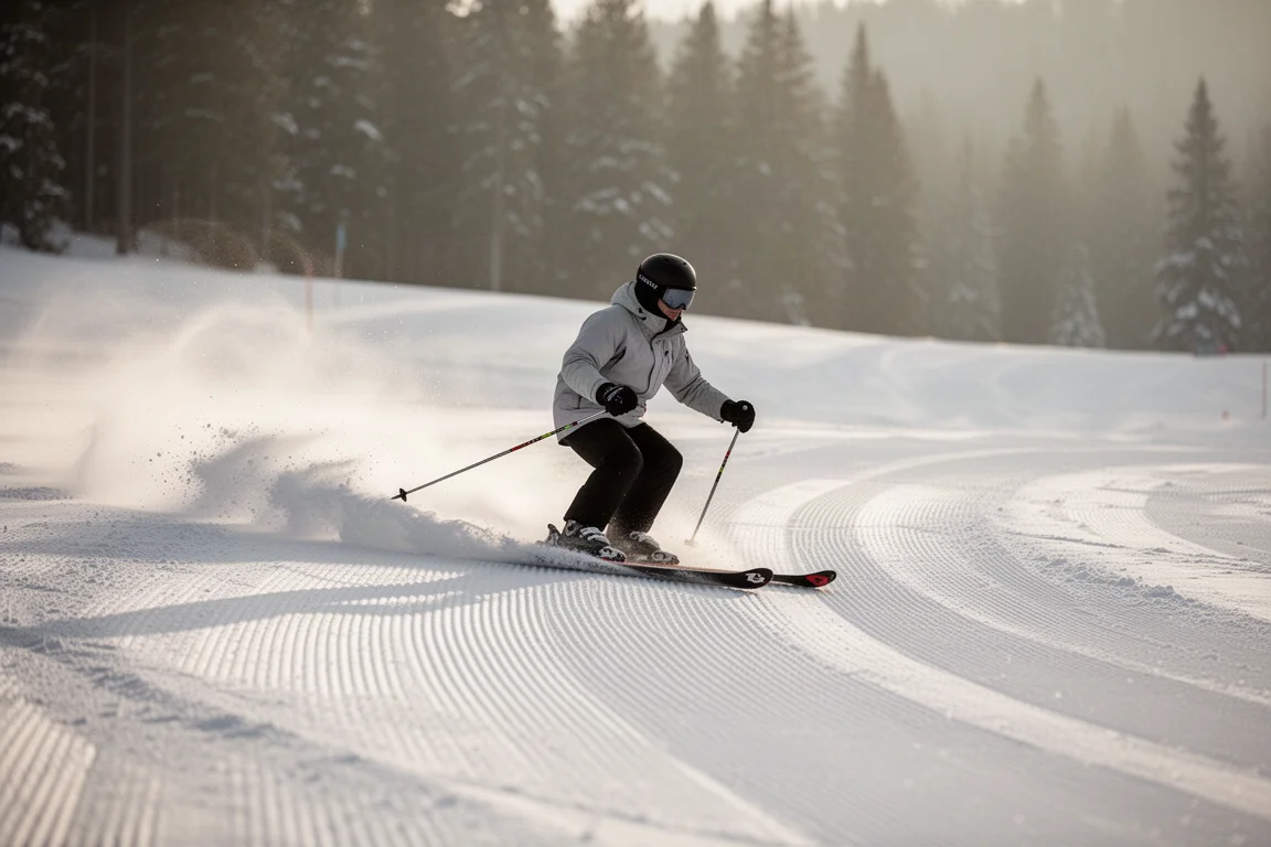 Skifahrer zieht eine saubere Kurve auf einer frisch präparierten Piste im Morgenlicht