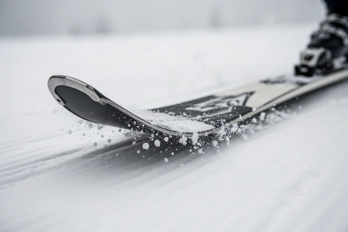 Nahaufnahme des mehrlagigen Ski-Aufbaus mit Holzkern und Bindungsmontagebereich