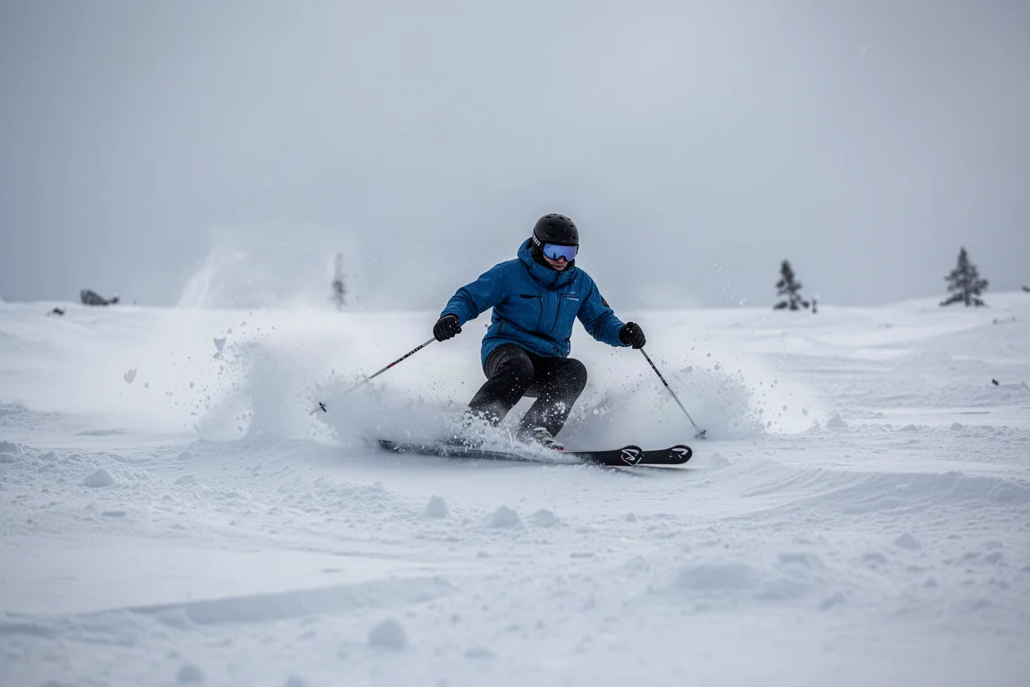 Skifahrer schlängelt sich zwischen schneebedeckten Bäumen an einem sanften Pulvertag