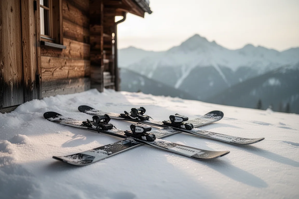 Ski paaren sich im Neuschnee vor einer Berghütte bei Sonnenaufgang