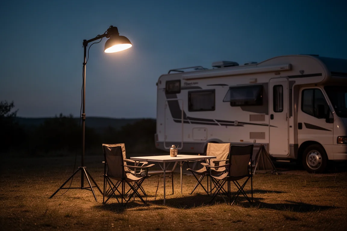 夜晚的營地由 RV 旁柔和擴散的懸掛式氣球燈照亮