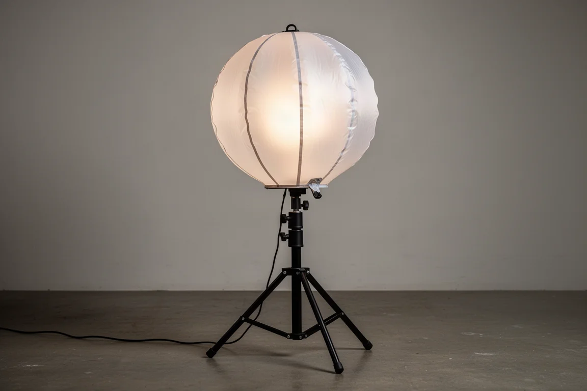 Vollaric 19,500 lumen balloon light on a tripod glowing in a workshop