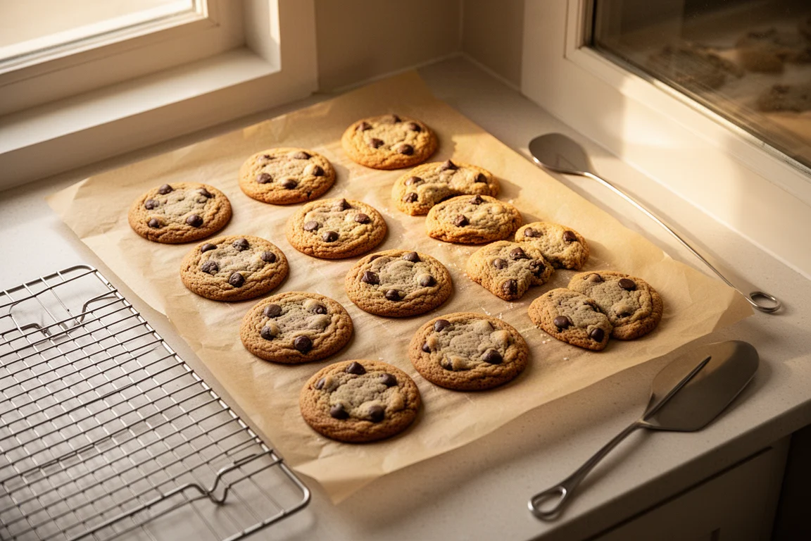 Freshly baked cookies cooling on a parchment-lined baking sheet