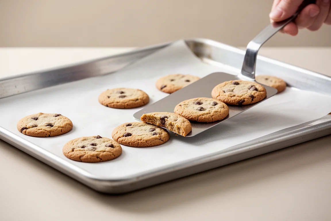 A spatula sliding cookies off a flat-edged cookie sheet in one motion
