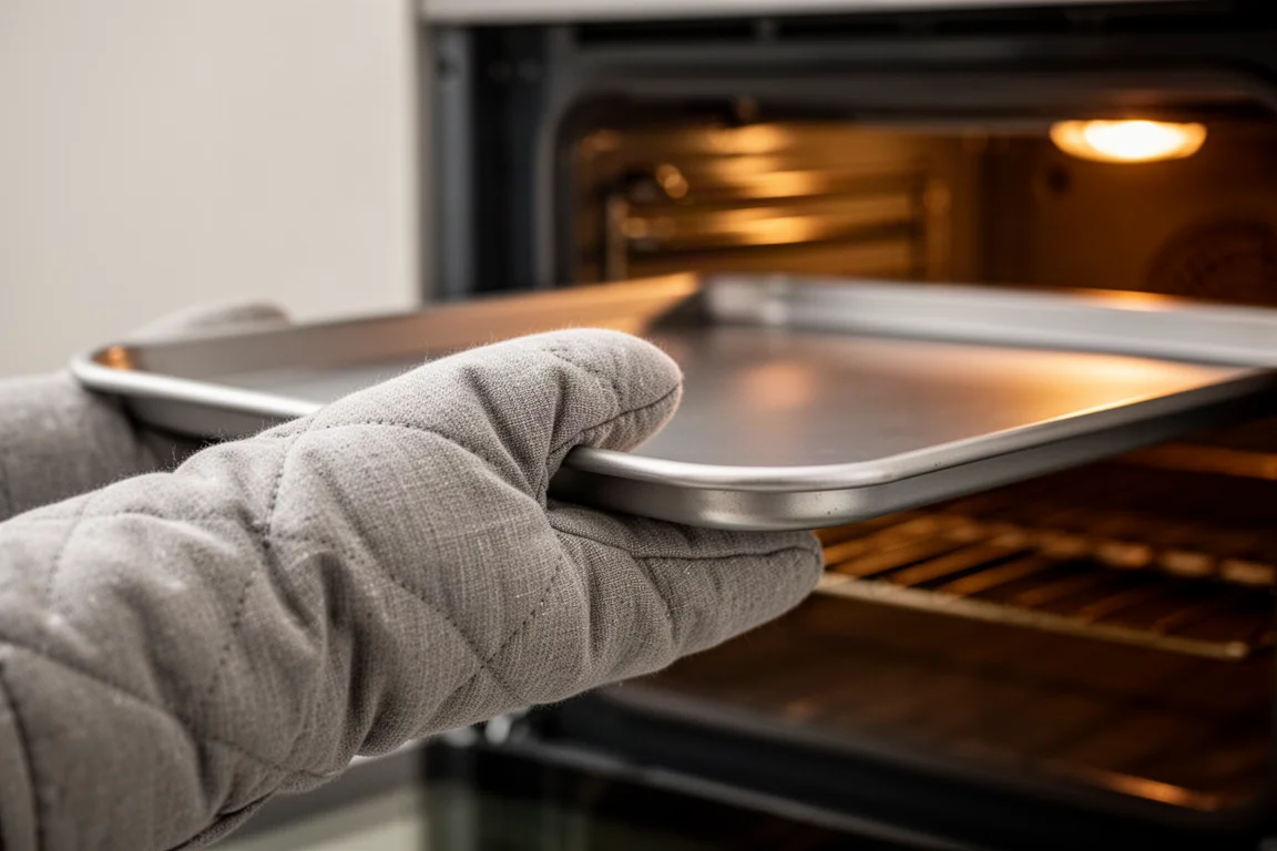 A hand using an oven mitt to rotate a cookie sheet mid-bake