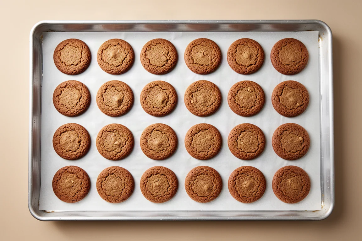 Evenly baked cookies arranged in rows on a large baking sheet