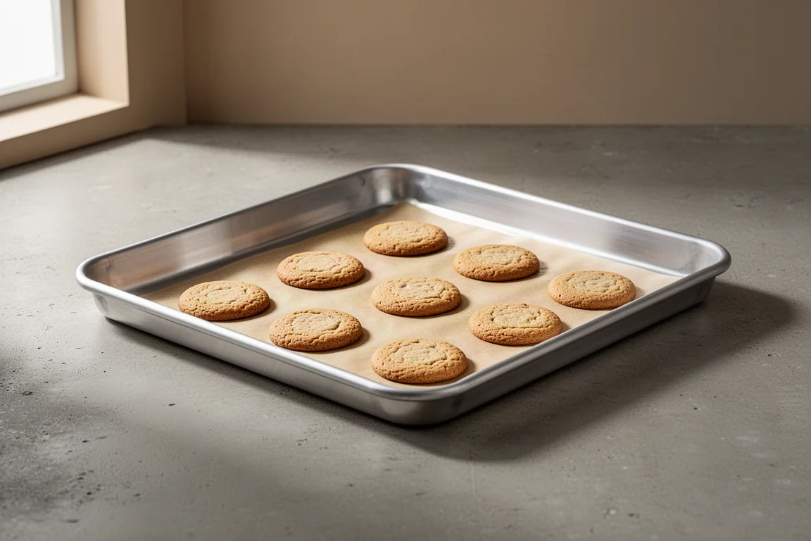 Uncoated aluminum cookie sheet with cookies on parchment on a concrete surface