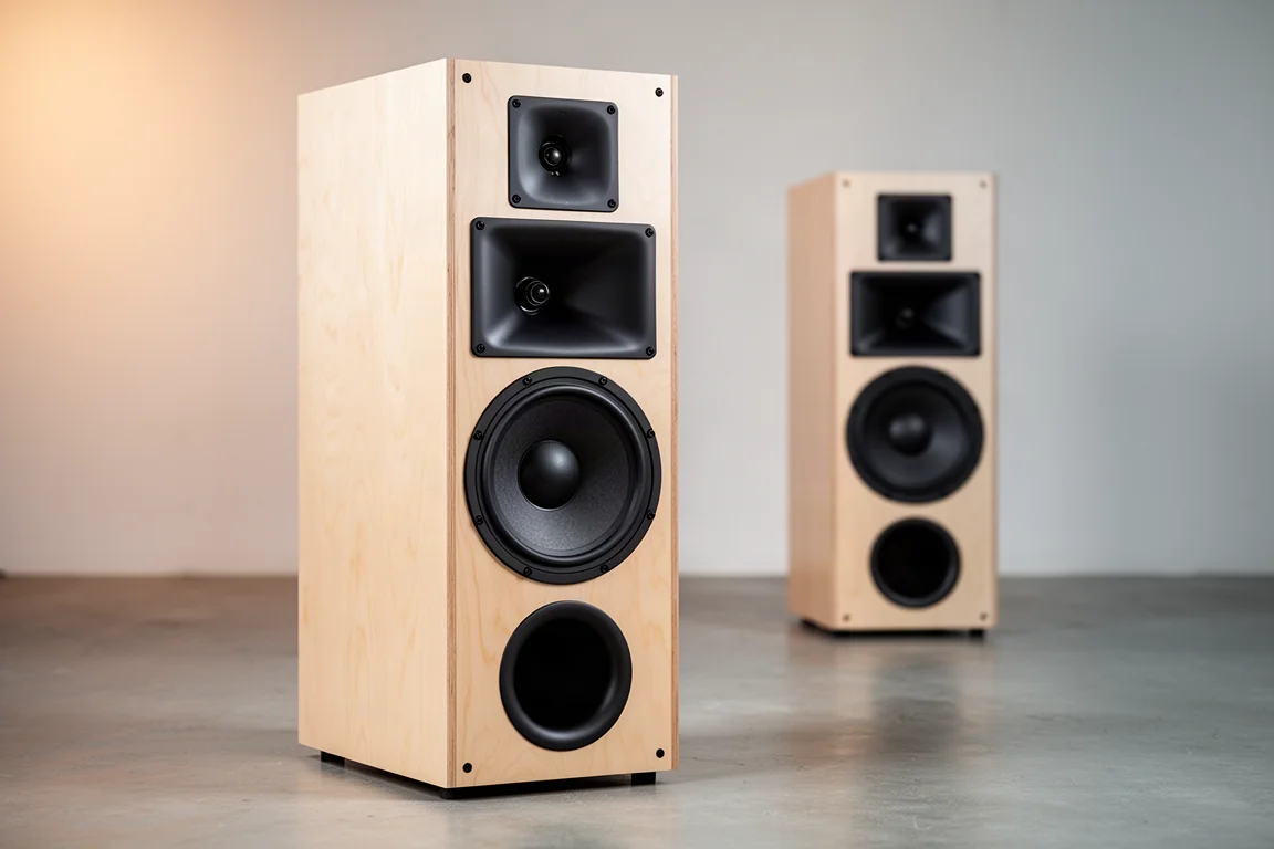 Tall pale birch plywood horn speaker with 12 inch woofer and horn drivers on a concrete floor