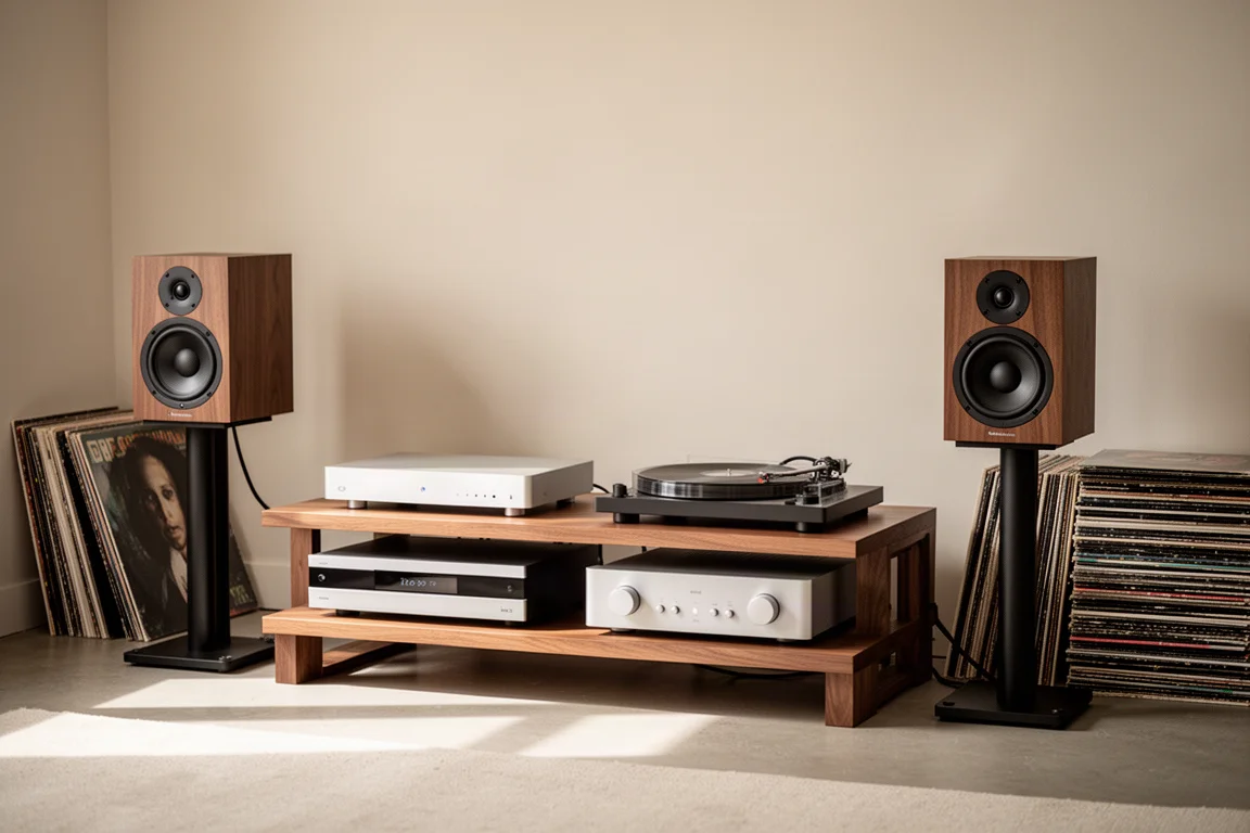 Minimalistischer Hörraum mit Hi-Fi-Rack, Lautsprechern und Vinylplatten bei Tageslicht