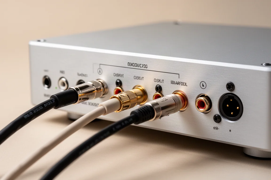 Nahaufnahme der digitalen Ausgangsbuchsen an der Rückseite einer Aluminium-Audiokomponente