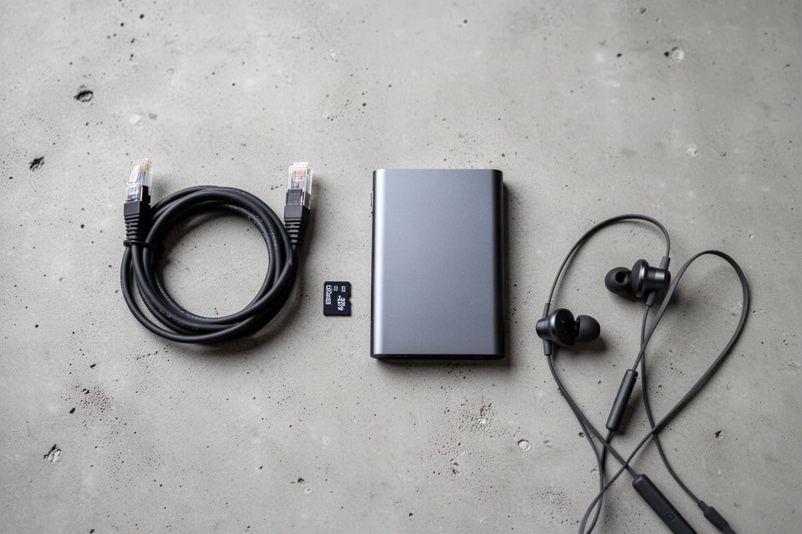 Draufsicht auf Ethernet-Kabel, microSD-Karte, SSD und Netzteil auf Beton