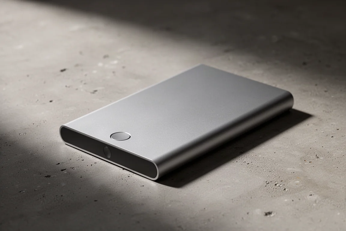 Slim silver aluminium streaming transport on a concrete surface in soft studio light