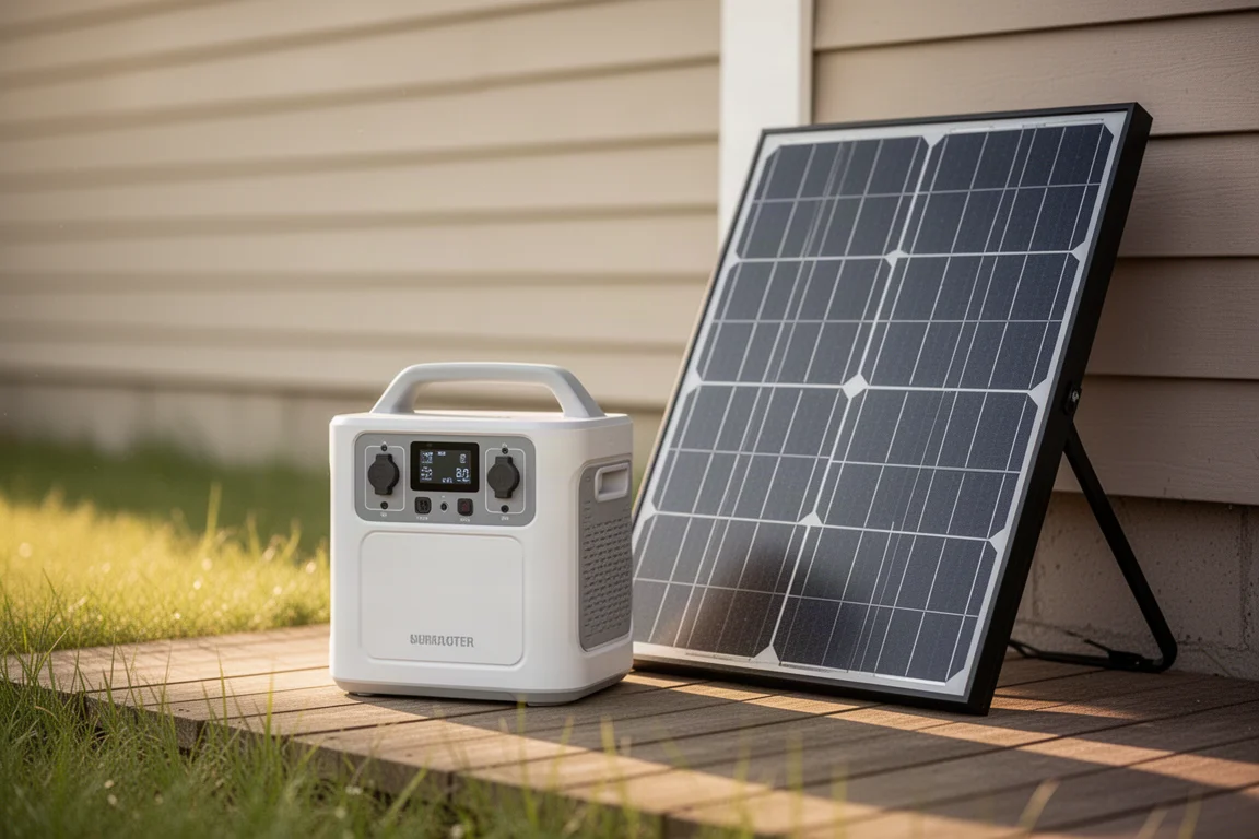 Tragbare Powerstation lädt neben einem Solarmodul im Sonnenlicht