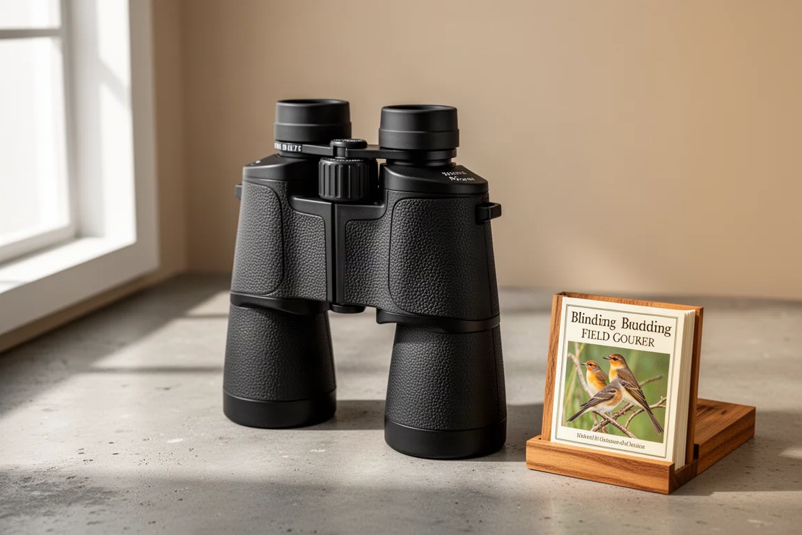 Black rubber-armored binoculars on a concrete surface beside a field guide