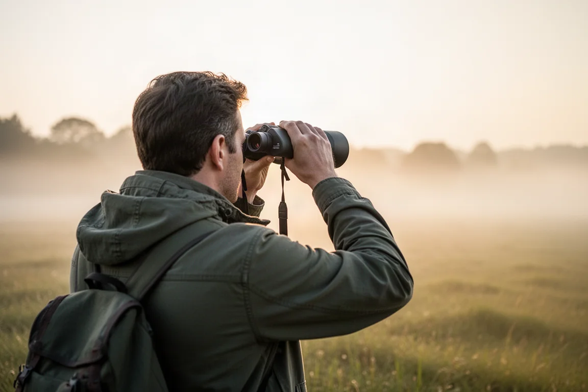 Birder using binoculars in soft early morning light in an open field