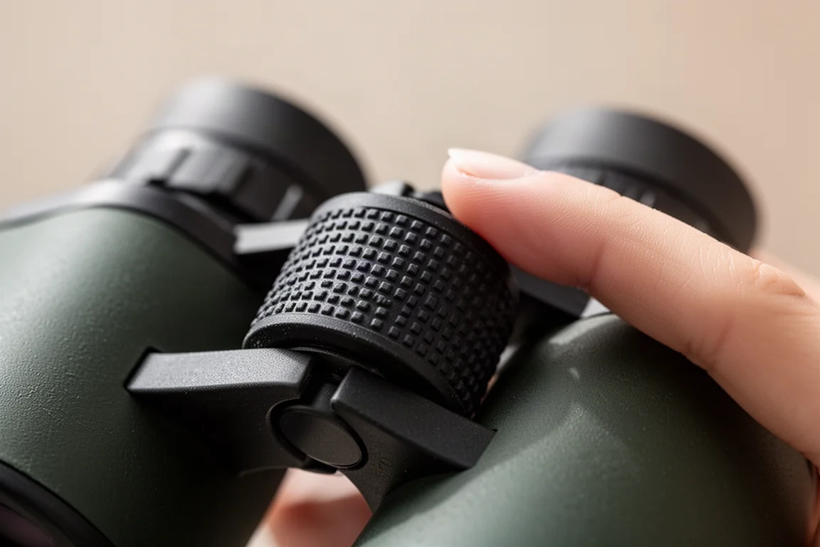 Close-up of a binocular focus knob being adjusted