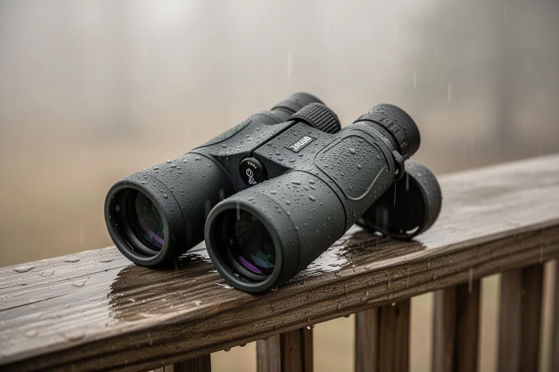 Binoculars resting on a wooden railing during a rainy overcast morning